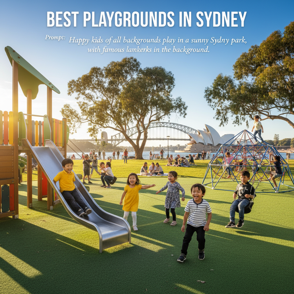 Happy kids of all backgrounds play in a sunny Sydney park, with famous landmarks in the background.
