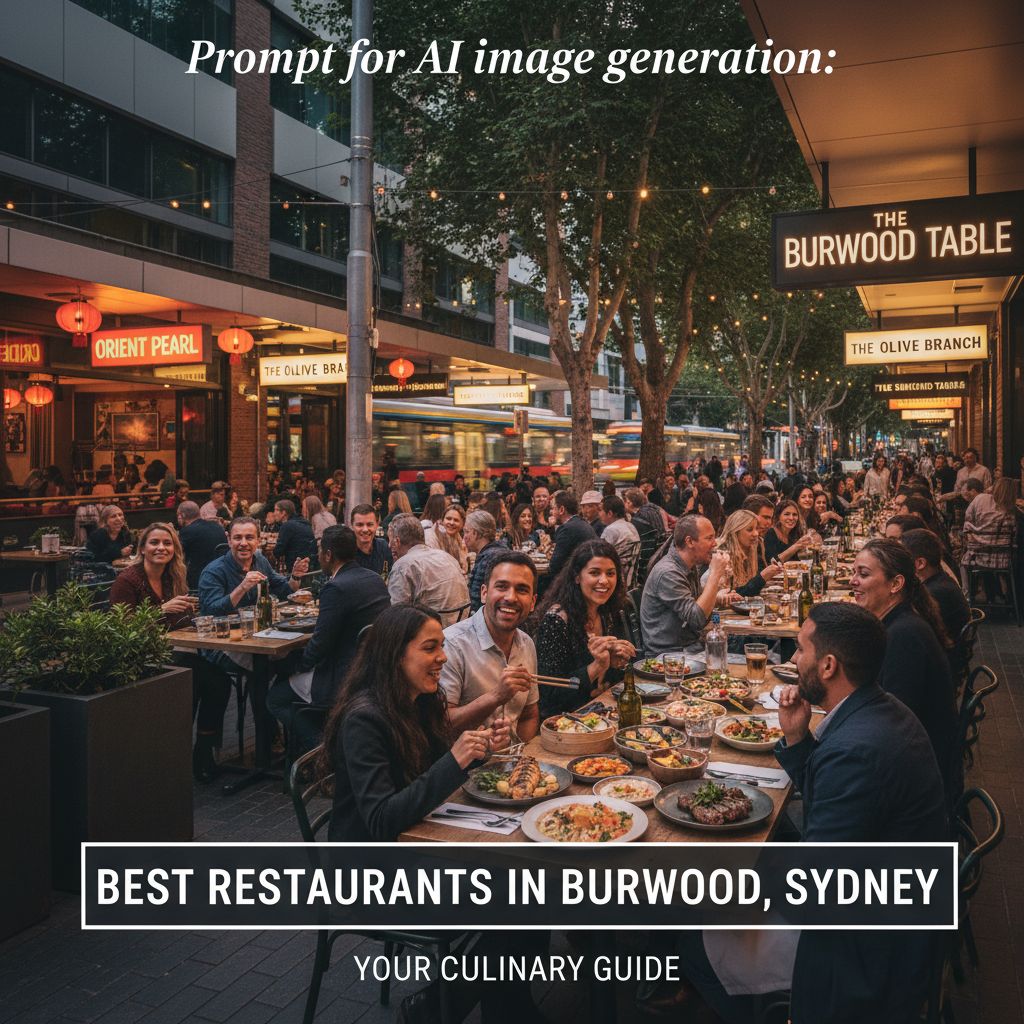 Lively Burwood Road dining scene with diverse people, vibrant dishes, and cozy restaurants at dusk.