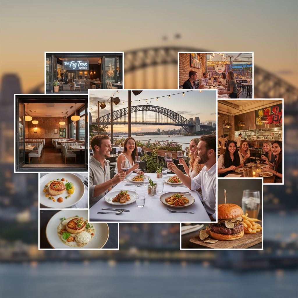 Collage of North Sydney’s top restaurants with gourmet dishes, stylish diners, and skyline views.