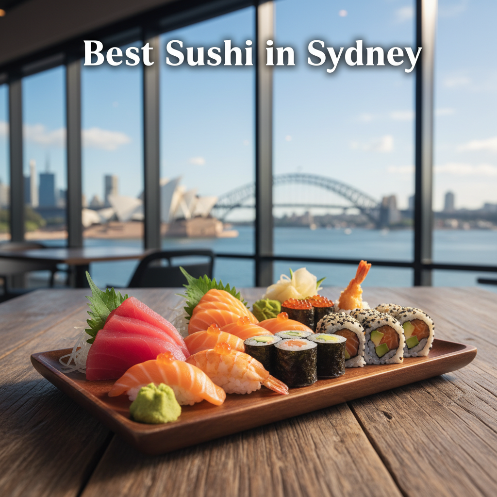 Assorted sushi platter with city skyline, fresh ingredients, and "Best Sushi in Sydney" text overlay.
