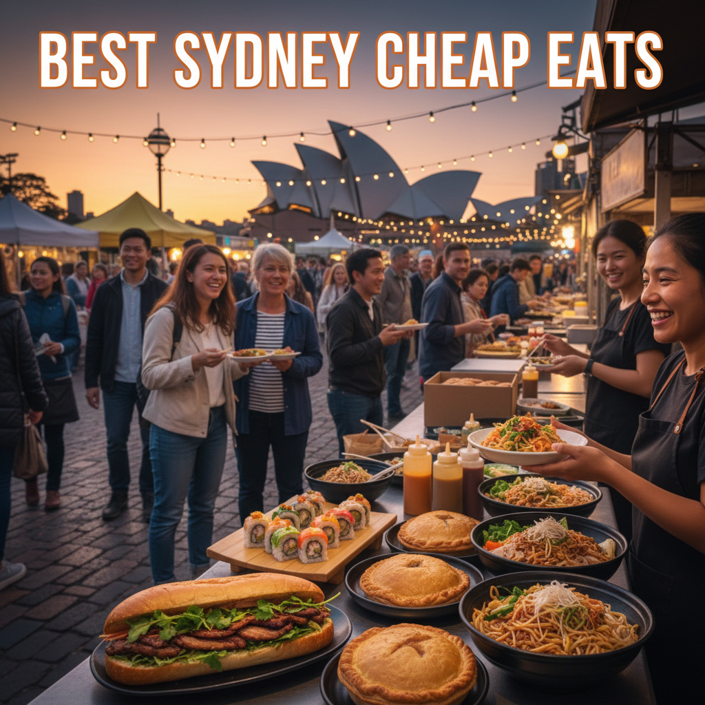 Lively Sydney street food scene with diverse cheap eats, city skyline, and "Best Sydney Cheap Eats" title.