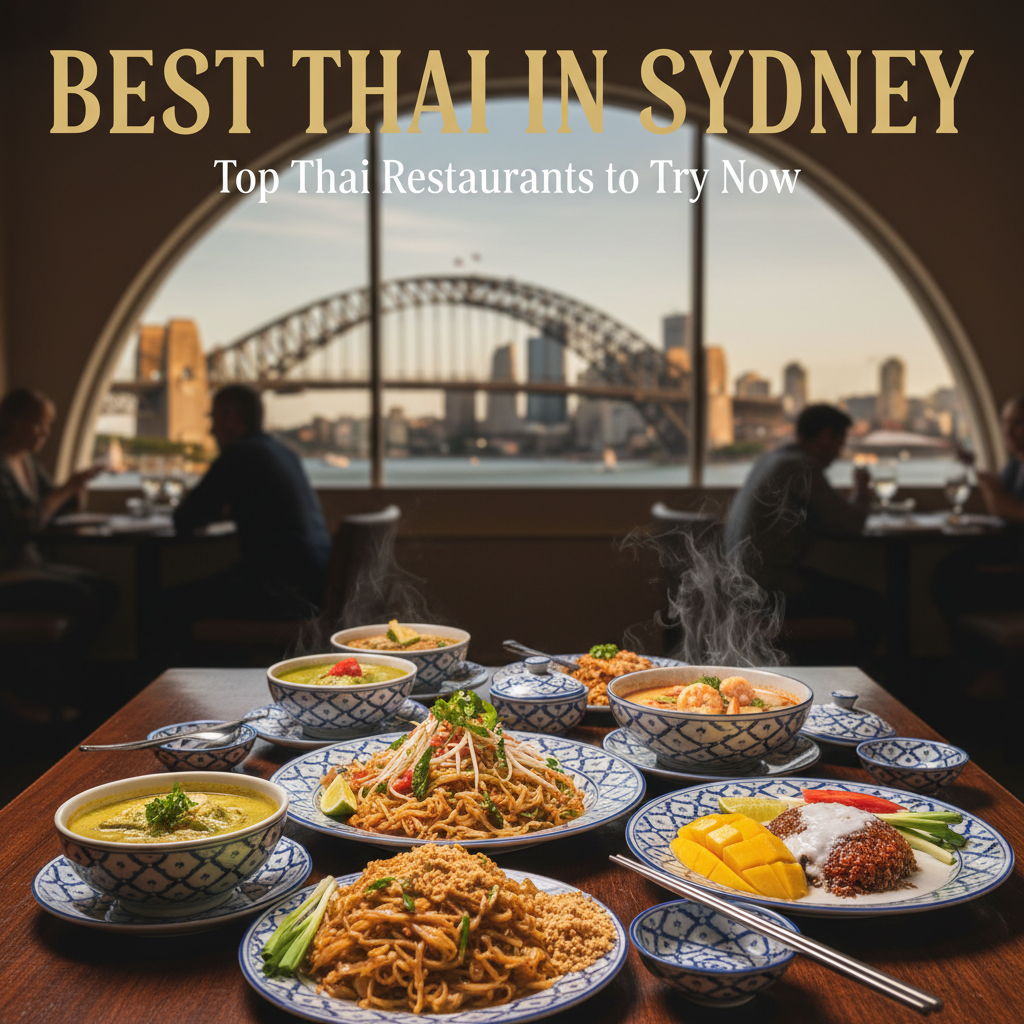 Vibrant Thai feast in Sydney with city skyline, highlighting top Thai restaurants on a magazine cover.