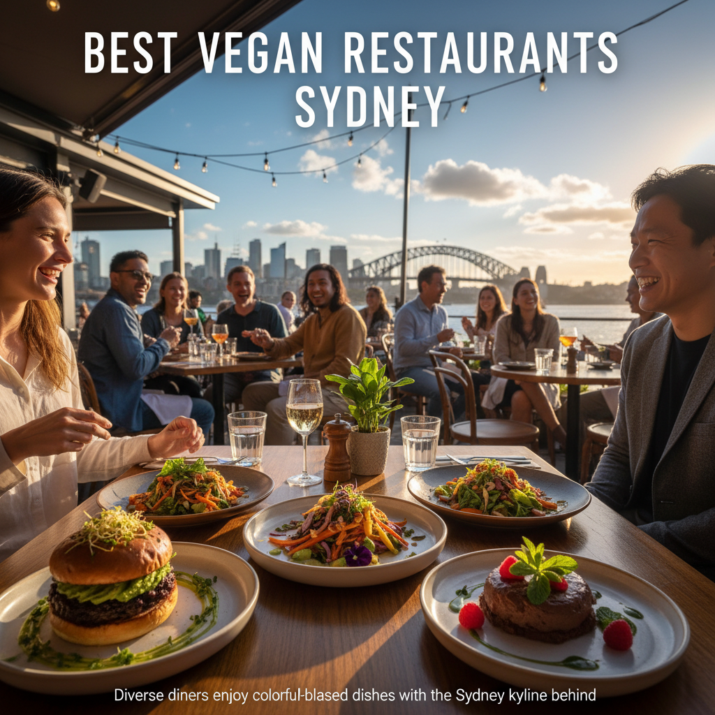 Best Vegan Restaurants Sydney: Diverse diners enjoy colorful plant-based dishes with the Sydney skyline behind.