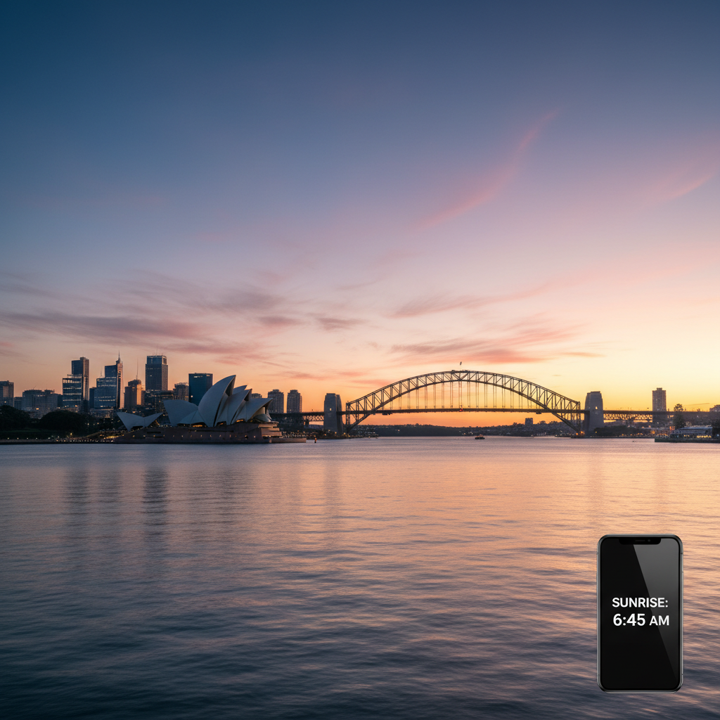 Sydney skyline at sunrise with Opera House, Harbour Bridge, and digital clock showing sunrise time.
