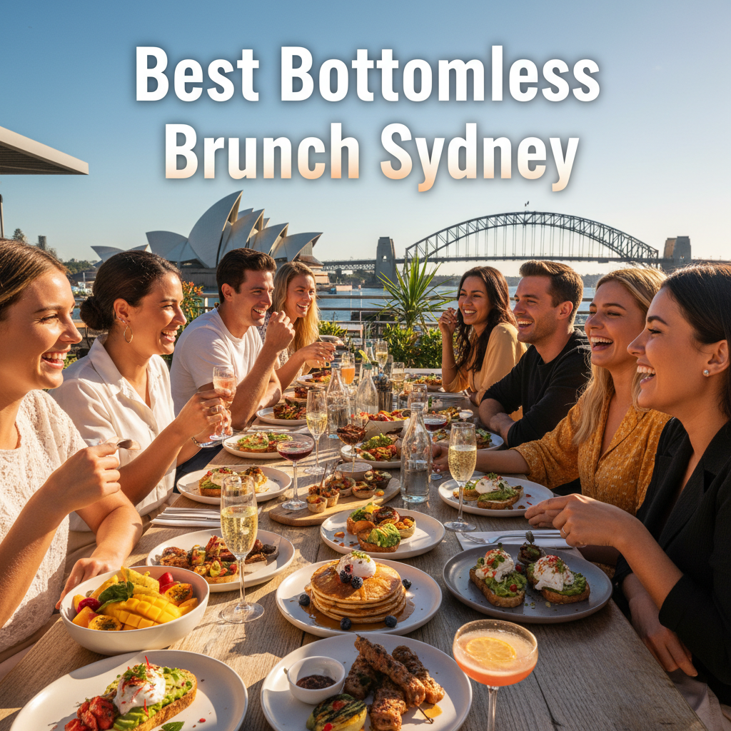 Friends enjoy a lively rooftop brunch with drinks and Sydney landmarks; "Best Bottomless Brunch Sydney".