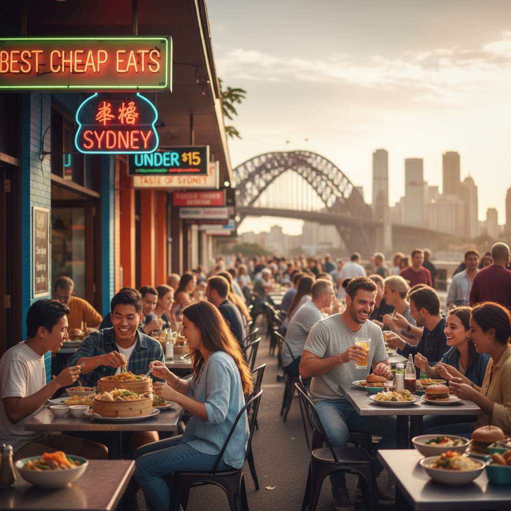 Diverse crowd enjoys affordable meals at vibrant Sydney street with city skyline and Harbour Bridge views.