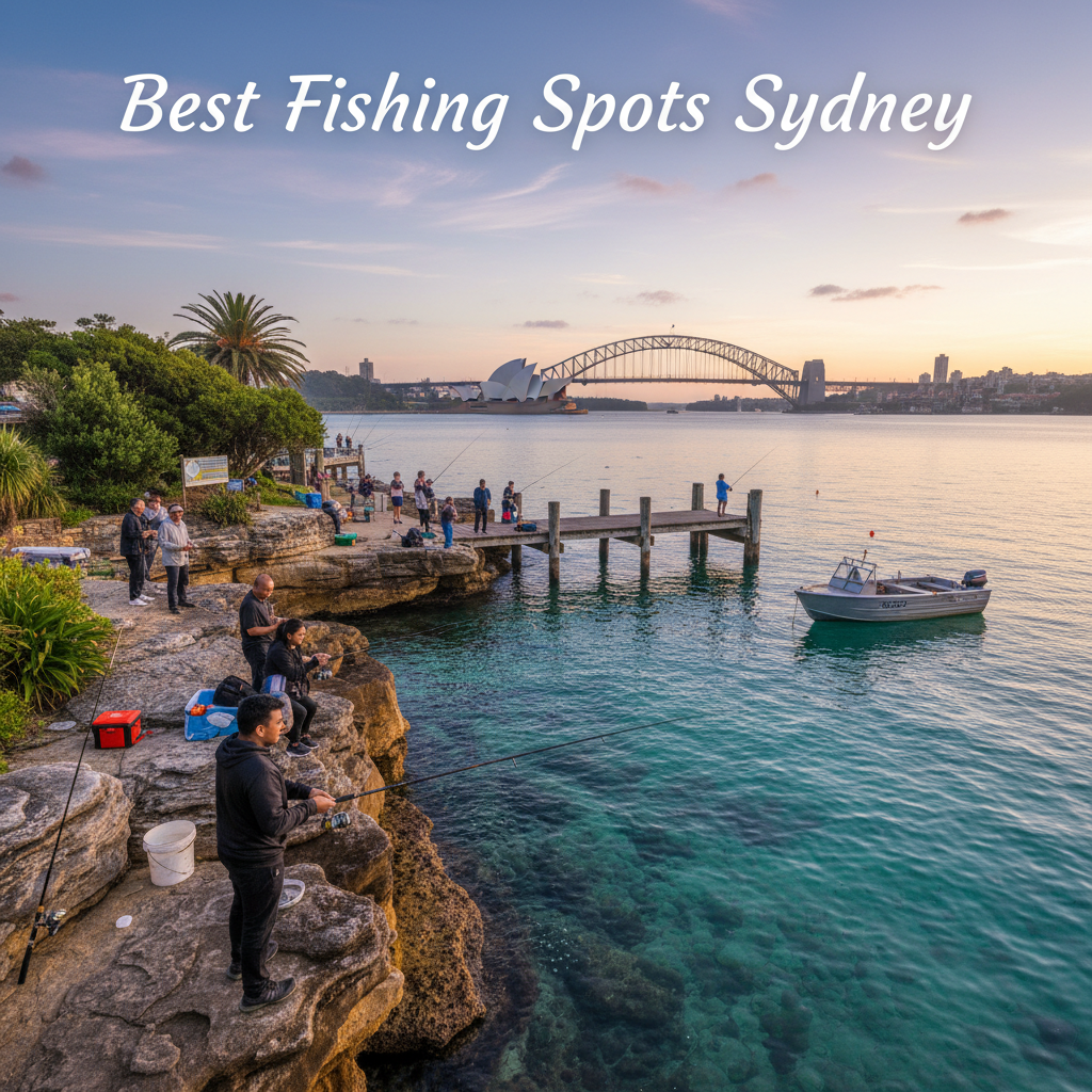 Anglers fish at sunrise along Sydney’s coast, with iconic landmarks and serene waters in view.